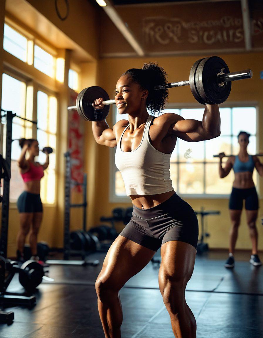A strong woman lifting weights in a sunlit gym, surrounded by motivational quotes on the walls. In the background, a group of diverse women engaging in various fitness activities, radiating joy and empowerment. The scene captures a sense of community and passion, with an emphasis on personal growth. Soft, warm lighting enhances the uplifting atmosphere. vibrant colors. super-realistic.