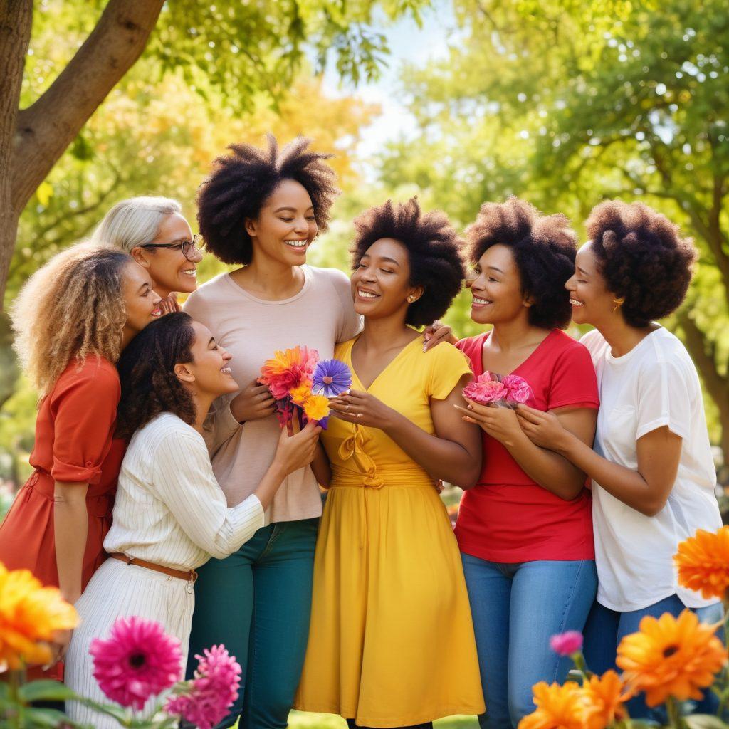 A diverse group of women of various ages and ethnicities gathering in a sunny park, sharing heartfelt moments of affection, such as hugs and laughter. Incorporate elements like vibrant flowers, supportive signs, and a background of trees symbolizing growth and empowerment. The overall atmosphere is warm and inviting, showcasing connection and strength within the community. organic art style. vibrant colors. soft focus.